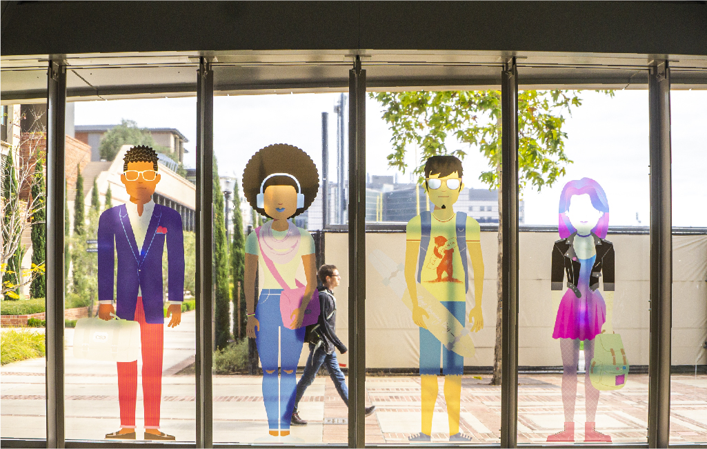 Vinyl stickers placed on windows, depicting illustrated students