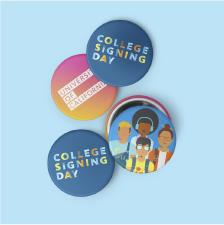 Group of buttons with different designs: CSD logo, illustrations of student characters and UC's logo