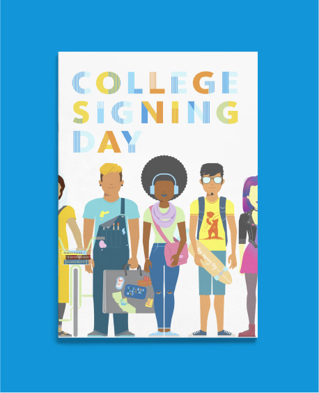 Small white notebook with College Signing Day logo and student character illustrations on the front