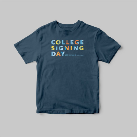Navy t-shirt with the College Signing Day logo on the front
