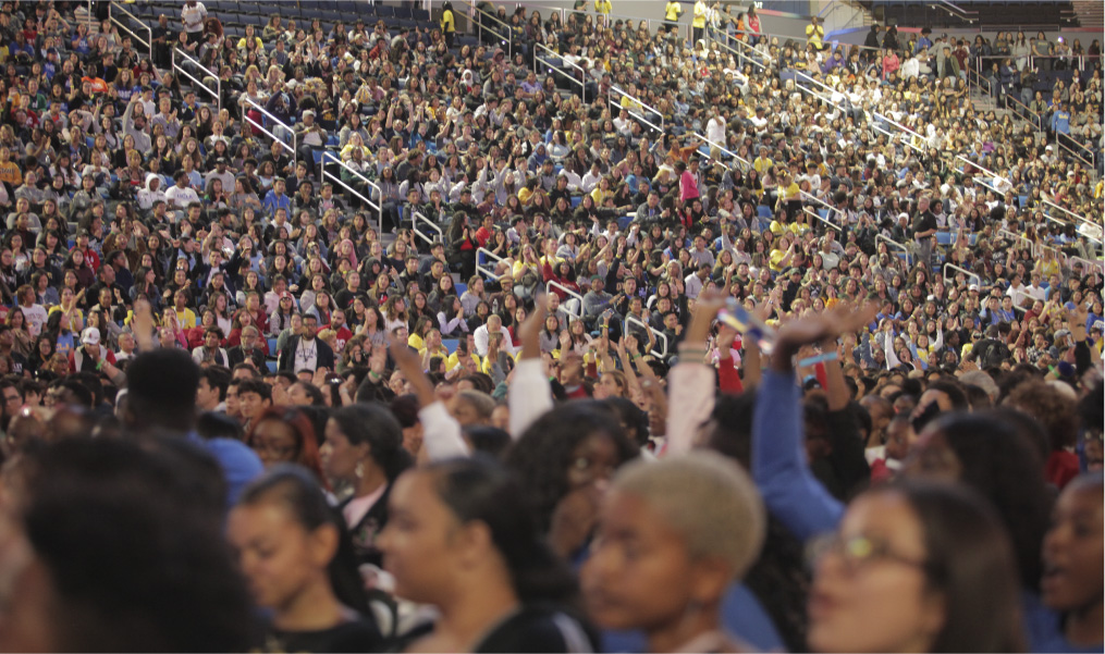 Large crowd in stadium seating