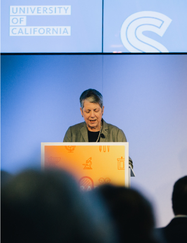 UC President Janet Napolitano speaking on stage
