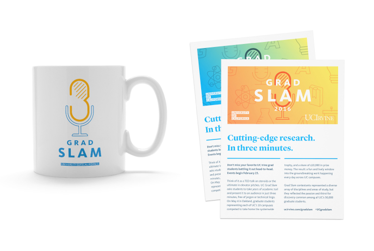 Coffee mug with Grad Slam logo and a collection of branded one page handouts