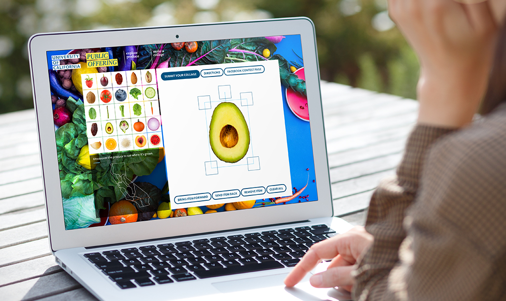 Laptop showing a tool on the website to build a collage out of produce